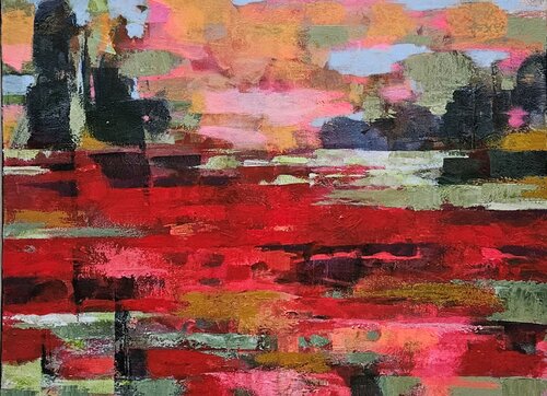 Poppies in Passing. Large, textured abstract landcape par Tatiana Hellum, Peinture en vente sur Singulart