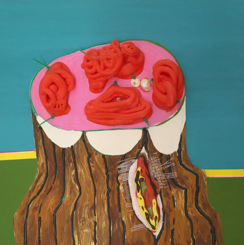 TroncoChula al Mediodía. Acrylic, marker, 3D printing, and plastic cable ties on canvas. Pacorrosa Cuevas