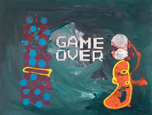 GAME OVER (May 2019) Acrylic, enamel, canvas primed and laminated object on wood, Córdoba, Spain di Pacorrosa Cuevas, Pittura in vendita su Singulart