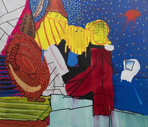 " Cosmic Monitoring" - Materials: Acrylic & markers on canvas June 2022 - 128x148 cm van Pacorrosa Cuevas, Schilderij te koop op Singulart