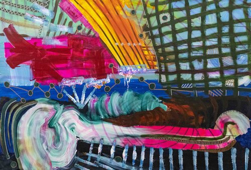 " Cosmical Bull Running on the Space" - Materials: Acrylic & markers on canvas June 2022 - 128x148 cm von Pacorrosa Cuevas, Malerei kaufen auf Singulart