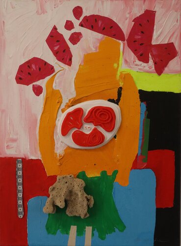 Chuleta Miamense Bailando en Lagrimas Negras. Acrylic, marker, 3D printing, and plastic collage on canvas van Pacorrosa Cuevas, Schilderij te koop op Singulart