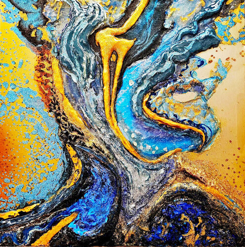 Fluid (cyan and gold) par Stefania Pinsone, Peinture en vente sur Singulart