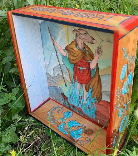 S. CRISTOFORO CINOCEFALO E L’ABRACADABRA (in a wooden box) de Giada Wood Caracristi, Pintura a la venta en Singulart