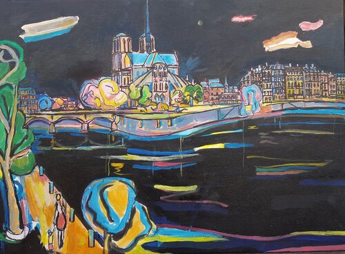 les quais de Sene et Notre dame la nuit di Laurent Veyretout, Pittura in vendita su Singulart