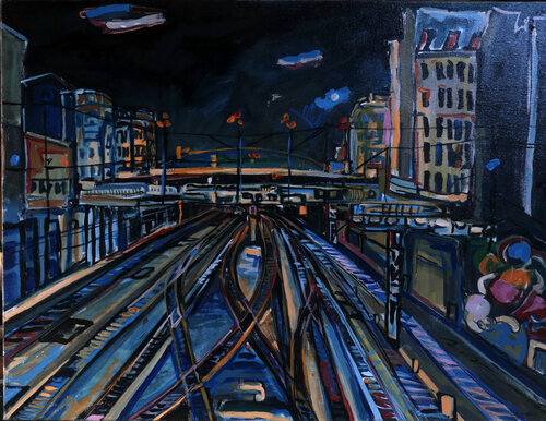 Paris,voies de chemin de fer vues du bv de la Chapelle,nuit di Laurent Veyretout, Pittura in vendita su Singulart