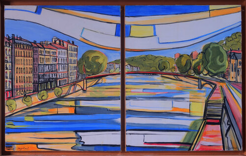Lyon, les quais de la Saône vers la passerelle St Georges ( diptique) van Laurent Veyretout, Schilderij te koop op Singulart