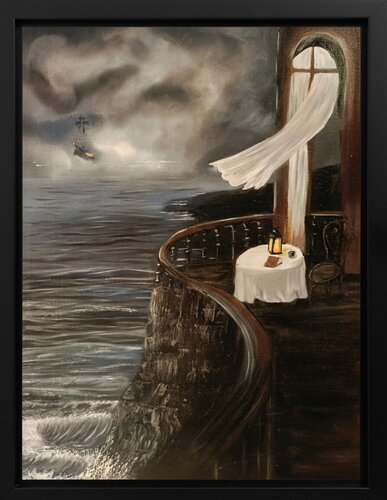 THE SEA REMEMBERS “In the hush between waves and shadow, the sea remembers — and love returns through the mist.” van Raven Dubh, Schilderij te koop op Singulart