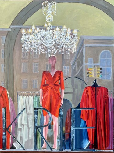 The Red Dress In A Watching World von Mike Haubenstock, Malerei kaufen auf Singulart