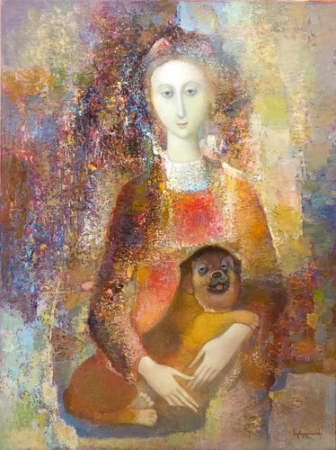 Woman with dog van Niko Kherkeladze, Schilderij te koop op Singulart