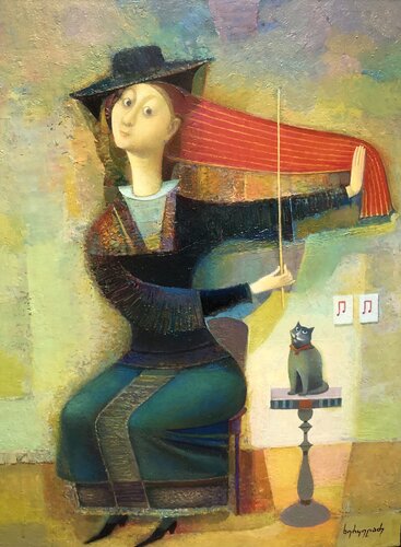 Musician with cat von Niko Kherkeladze, Malerei kaufen auf Singulart