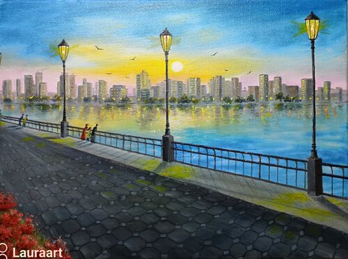 Beautiful colorful sunset in New York. USA van Laura Livetskiy, Schilderij te koop op Singulart