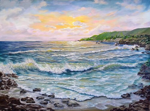 California sunset on the beach van Laura Livetskiy, Schilderij te koop op Singulart
