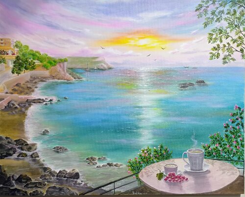 Portofino morning coffee di Laura Livetskiy, Pittura in vendita su Singulart