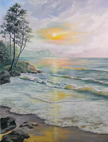 Crashing wave on the sunset par Laura Livetskiy, Peinture en vente sur Singulart