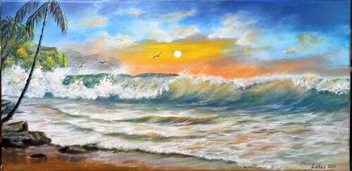 Crashing wave on the sunset di Laura Livetskiy, Pittura in vendita su Singulart
