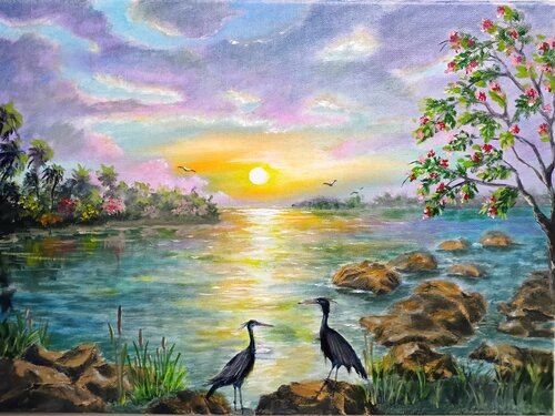Blue Heron on the sunset di Laura Livetskiy, Pittura in vendita su Singulart