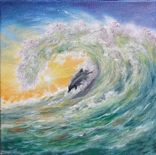 Dolphin on the sunset van Laura Livetskiy, Schilderij te koop op Singulart
