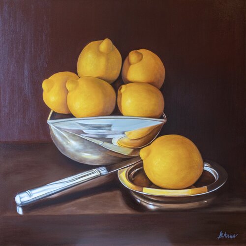 Lemons in a Silver Bowl von asmaa bouanane, Malerei kaufen auf Singulart