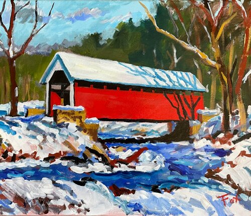 RED COVERED BRIDGE , WINTER #1220-5 par David Fox, Peinture en vente sur Singulart