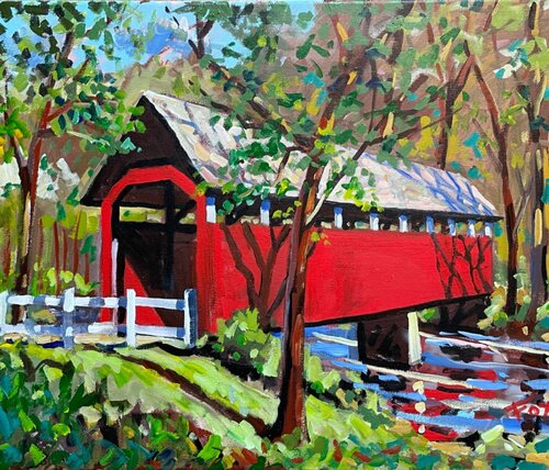Red covered bridge # 1220-8 van David Fox, Schilderij te koop op Singulart