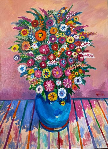 Flowers In A Blue Vase by David Fox, Painting for Sale on Singulart