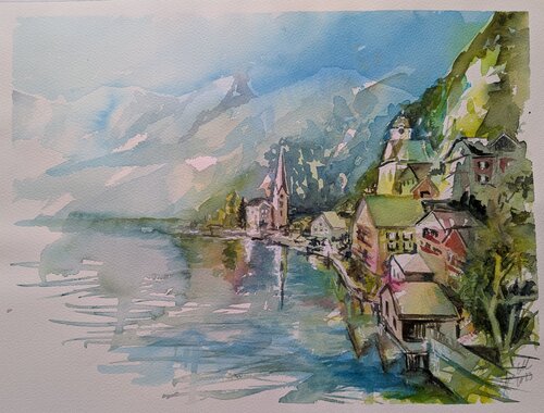 Hallstatt - zwischen Berg und Wasser de Edeltraud Steurer, Pintura a la venta en Singulart