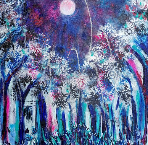Blood moon through trees van Skye Elizabeth James, Schilderij te koop op Singulart
