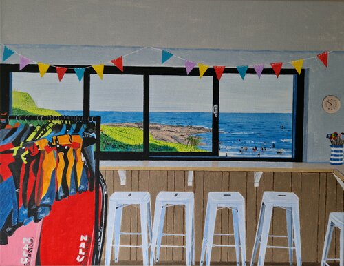 Talland Bay beach cafe - Talland, Cornwall di Robert Crowther, Pittura in vendita su Singulart