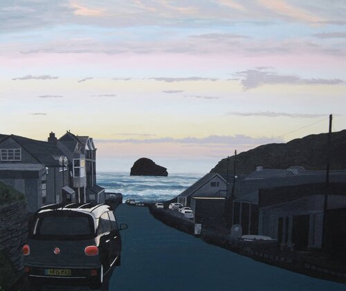 Trebarwith Strand at dusk, Cornwall di Robert Crowther, Pittura in vendita su Singulart