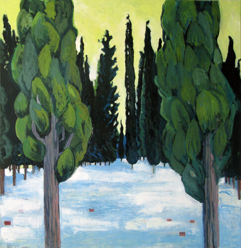 Zypressen im Schnee di Karen Koschnick, Pittura in vendita su Singulart