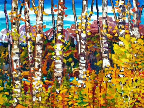 Birches along Medicine Lake, Jasper, Alberta in October van Bruce Thompson, Schilderij te koop op Singulart