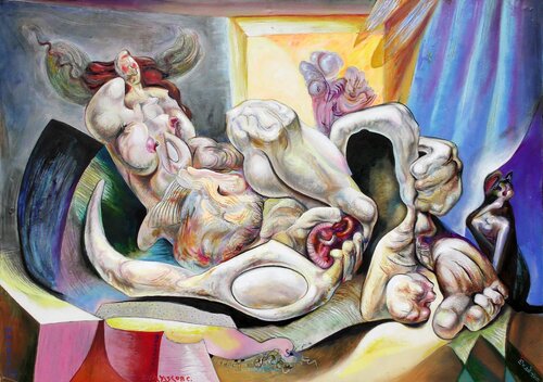 ,,A girl with an apple in her hand. The cat is at her feet.,, von Sergei Chudjakow, Malerei kaufen auf Singulart