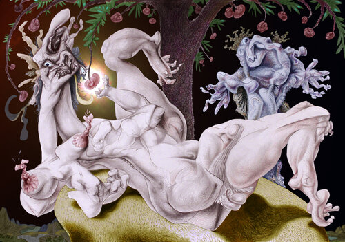 ,,Adam is terrified - Eve wants to pluck the apple of sin!,, von Sergei Chudjakow, Druck kaufen auf Singulart