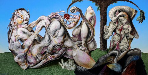 ,,Adam is in a panic ((( Eve is tearing the apple of sin!,, by Sergei Chudjakow, Work on Paper for Sale on Singulart