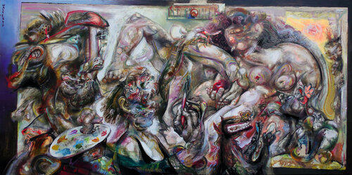 ,,An artist draws a model,, 2 sided picture di Sergei Chudjakow, Pittura in vendita su Singulart