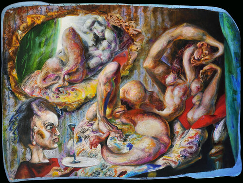 ,,A naked woman and a servant with a glass of wine,, by Sergei Chudjakow, Painting for Sale on Singulart