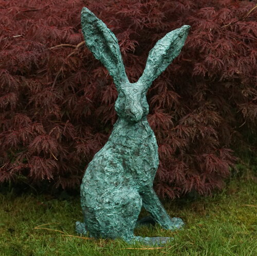 Listening Hare Bronze Resin with a verdigris patina- Sculpture by Christine Baxter van Christine A Baxter, Beeldhouwwerk te koop op Singulart