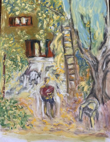 Un jardin à Saly, pastel à l'huile sur papier A3 Aquapad Clairefontaine di Lemonnier Frederic, Opera su carta in vendita su Singulart