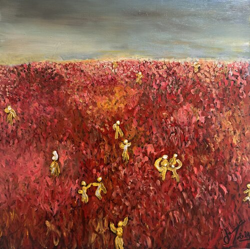 Red field of innocence (mars 2024) Gesso noir & blanc, acrylique & huile sur toile de lin (50×50) di Lemonnier Frederic, Pittura in vendita su Singulart