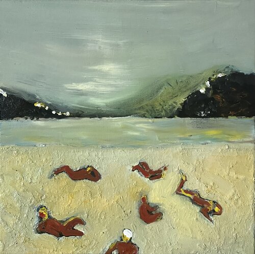 Plage endormie Gesso noir, blanc et huile sur toile 3D (30×30) di Lemonnier Frederic, Pittura in vendita su Singulart