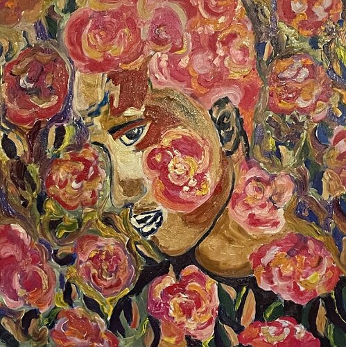 Portrait aux roses (décembre 2021) Huile sur toile 3D (50X50) von Lemonnier Frederic, Malerei kaufen auf Singulart