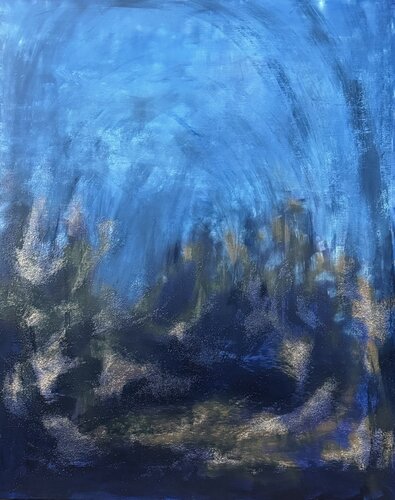 Blue cathedral (décembre 2025) Techniques mixtes (Gesso noir, blanc, spray or et huile) sur toile (80x100) di Lemonnier Frederic, Pittura in vendita su Singulart