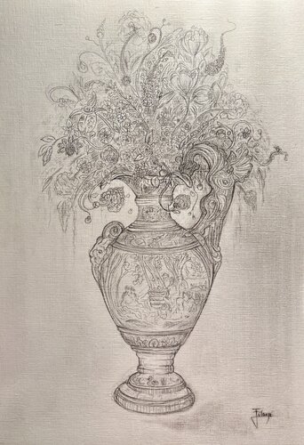 « Étude préparatoire pour la future toile Bouquet à la Perle du Dragon. Graphite sur feuille apprêtée à l’huile. von Florentino Filangi, Zeichnungen kaufen auf Singulart