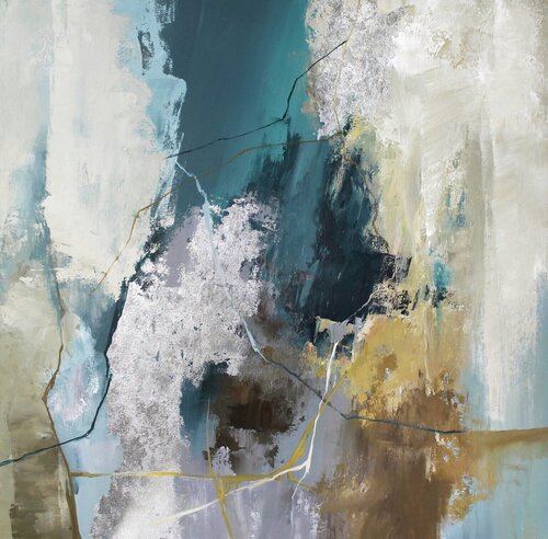 " Green Hill " Emerald silver abstract acrylic art by Yana Sagan, Painting for Sale on Singulart
