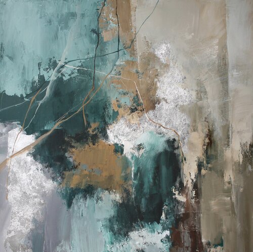 " Green Hill 2 " Abstract emerald brown silver acrylic art van Yana Sagan, Schilderij te koop op Singulart