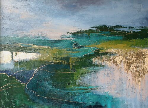 " North 2 " Abstract nature green and gold acrylic art di Yana Sagan, Pittura in vendita su Singulart