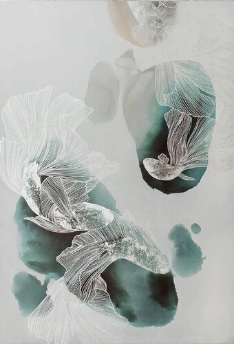 " Immensity " Abstract teal silver fish acrylic art by Yana Sagan, 油畫 for Sale on Singulart