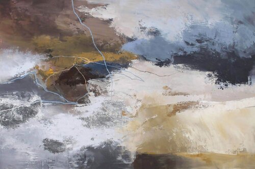 " Pulse 2 " Abstract navy blue and silver acrylic art van Yana Sagan, Schilderij te koop op Singulart