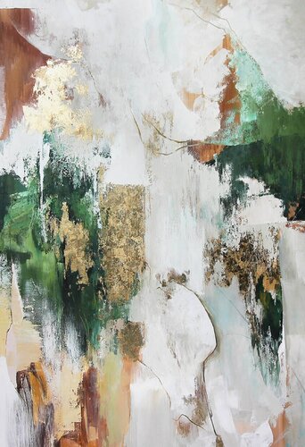 " Green Flow 2 " Abstract green and gold acrylic art van Yana Sagan, Schilderij te koop op Singulart